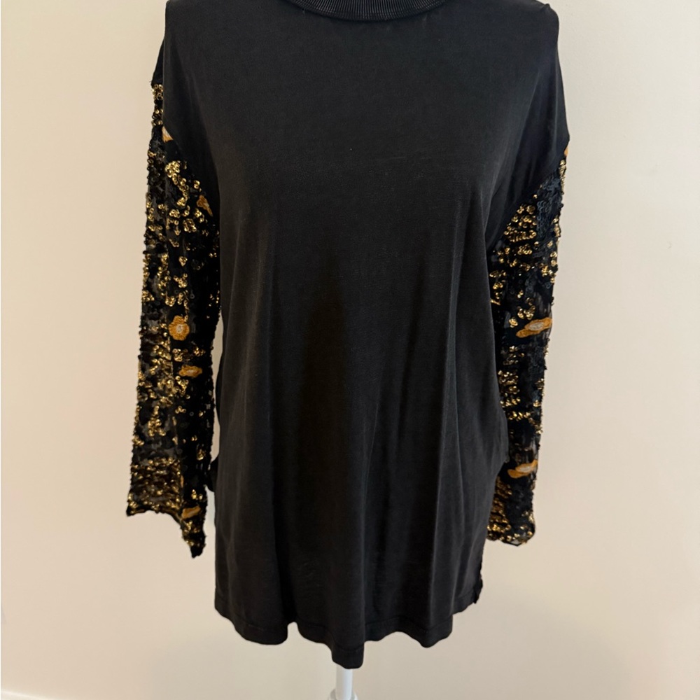 Free People New NWT Black and Gold Sequin Embroidered Tulle Top two-fer XS